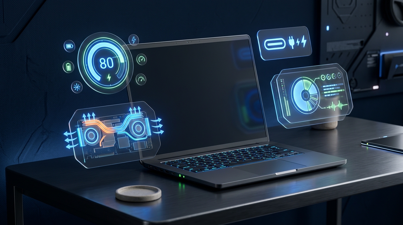 Notebook moderno com diagnósticos holográficos de limite de bateria em 80 por cento e fluxo de refrigeração interno