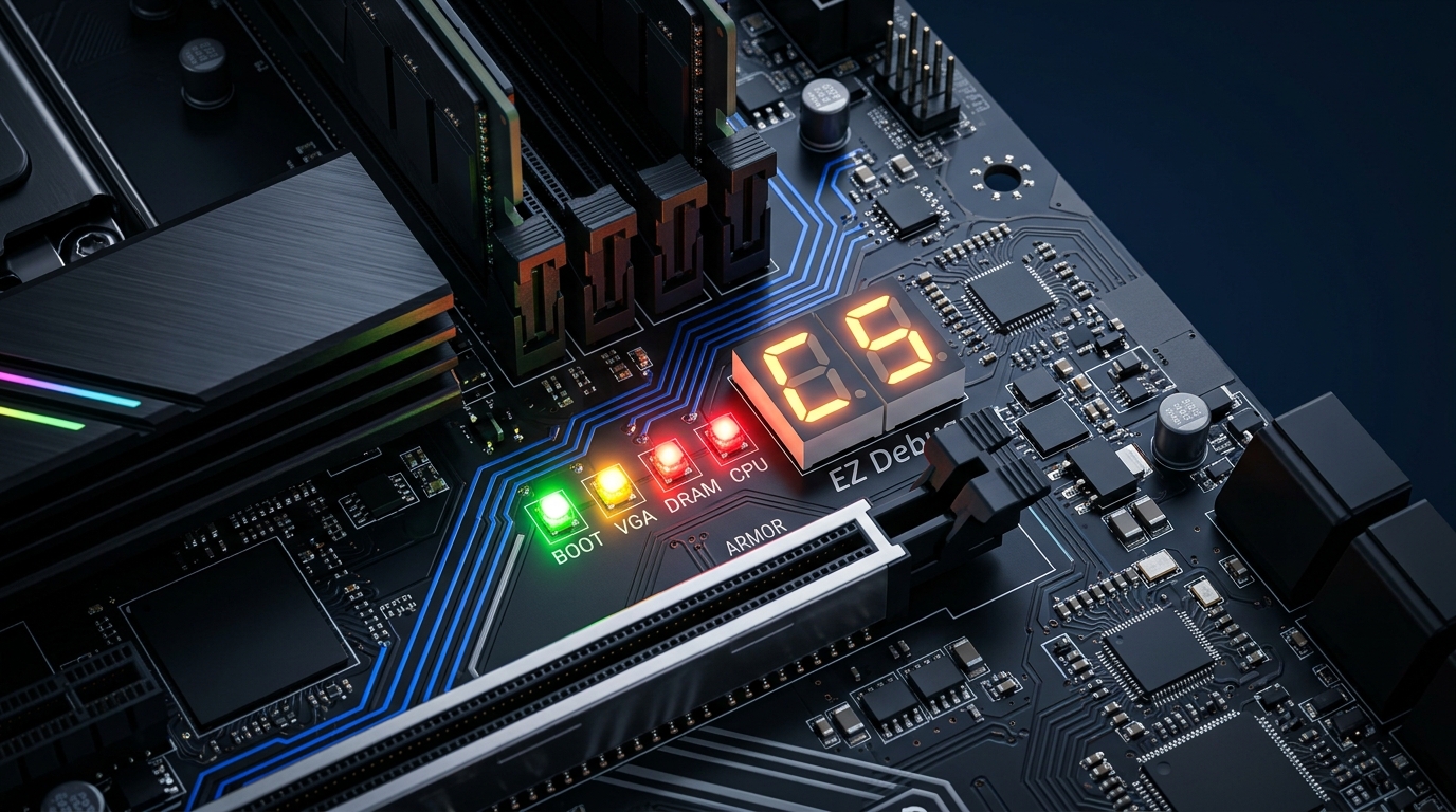 Placa-mãe moderna com LEDs de diagnóstico EZ Debug para CPU DRAM VGA BOOT e display numérico Q-Code