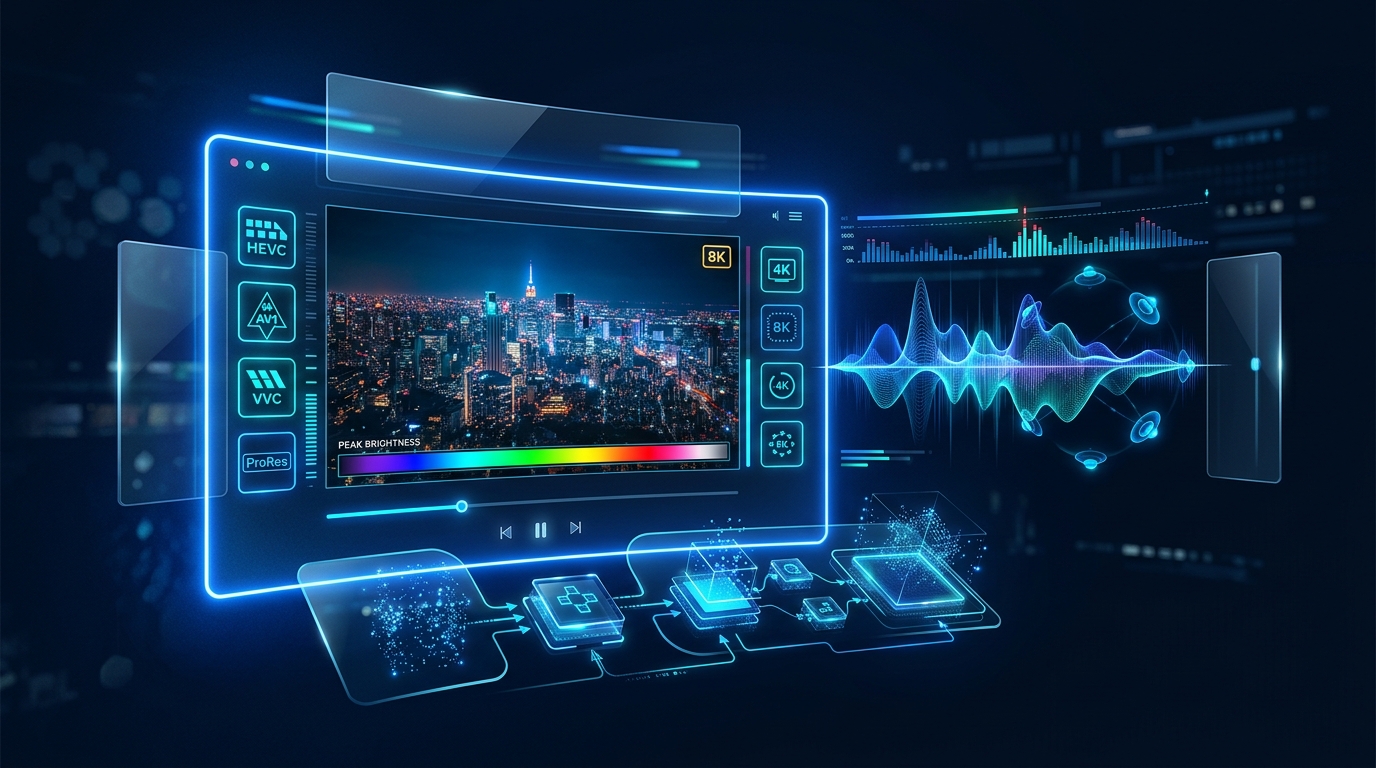 Interface gráfica moderna de reprodução de vídeo 4K 8K com codecs AV1 HEVC e áudio de alta fidelidade