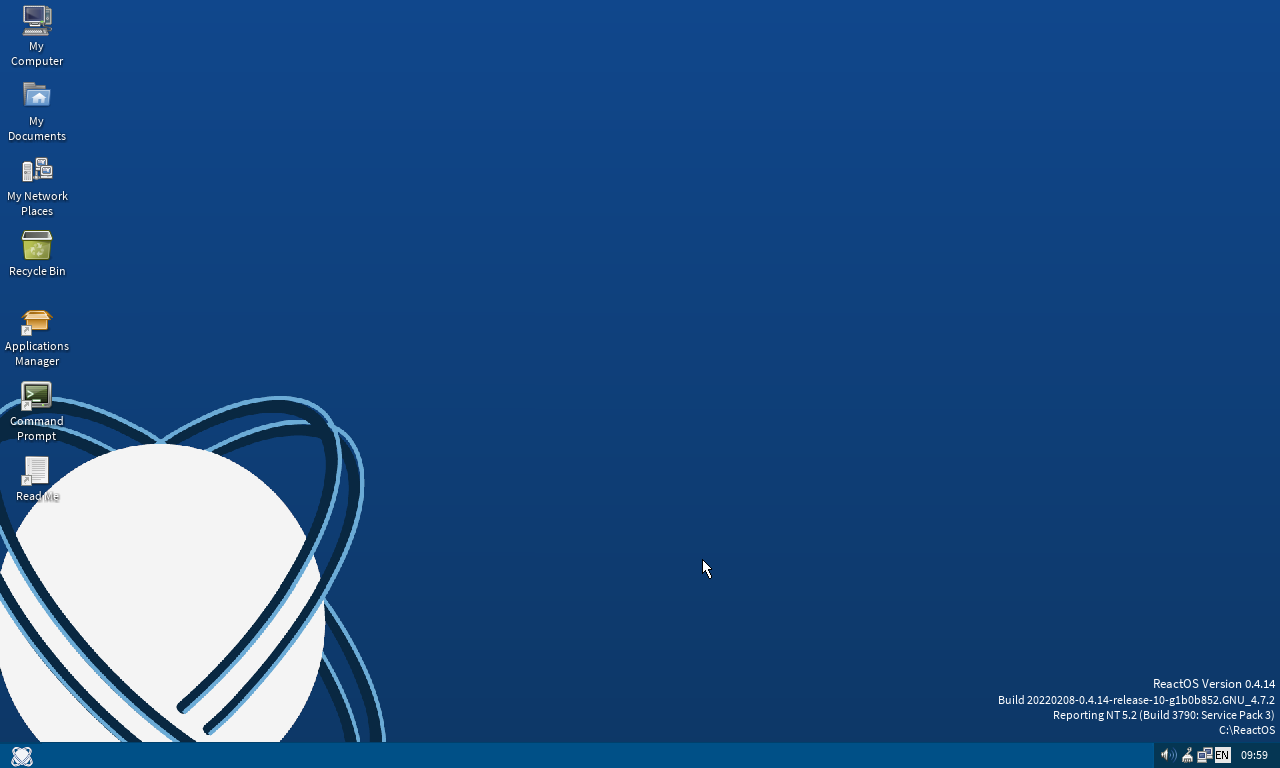 Captura de tela real da área de trabalho do ReactOS com menu iniciar