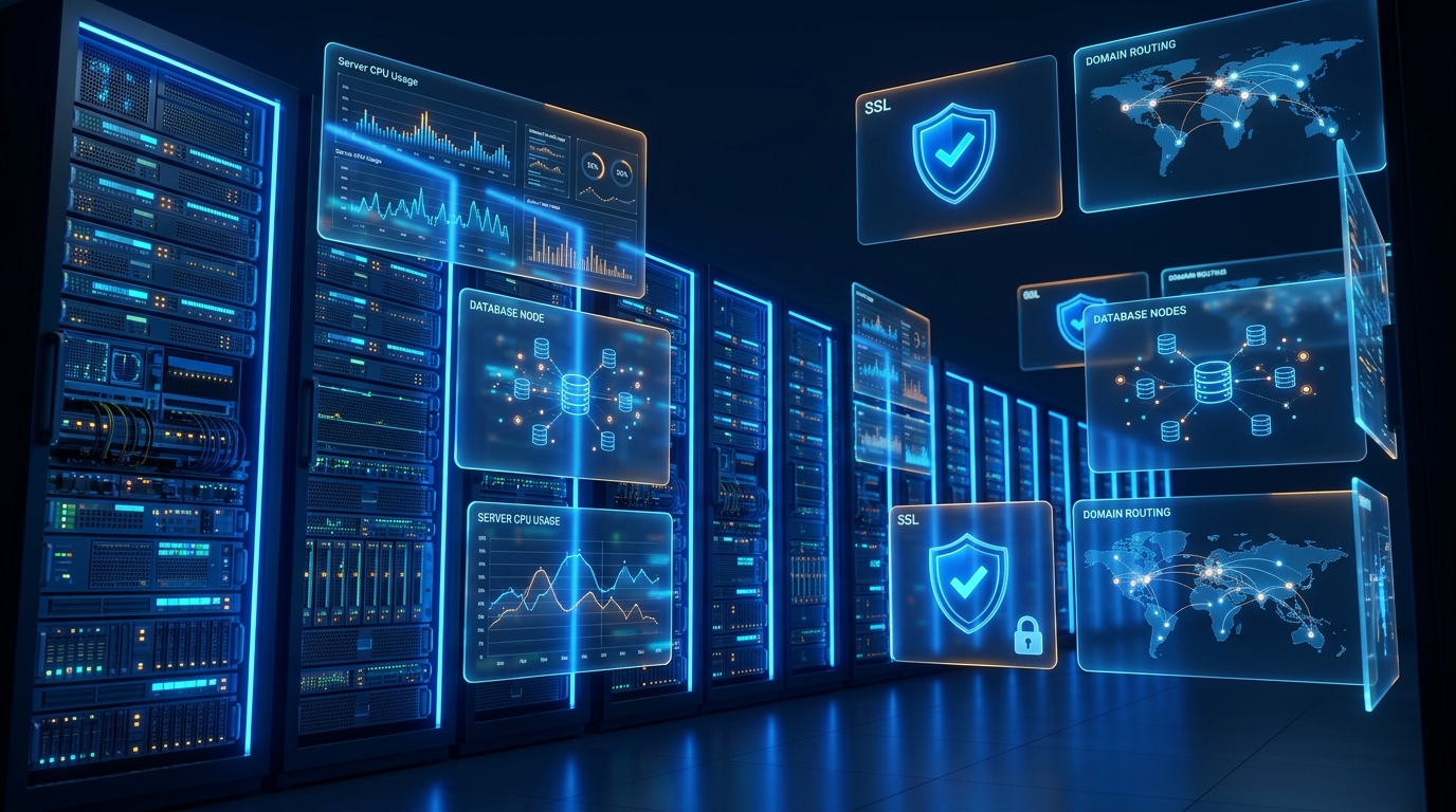 Servidores de hospedagem em datacenter com painéis de controle em nuvem e métricas de desempenho em 2026