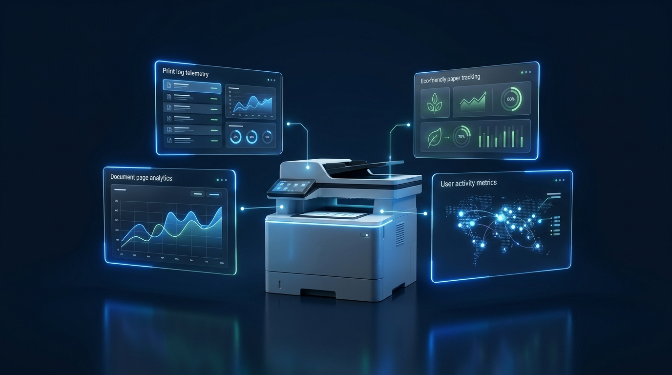 Impressora moderna conectada com painéis holográficos de auditoria de impressão e telemetria de páginas impressas