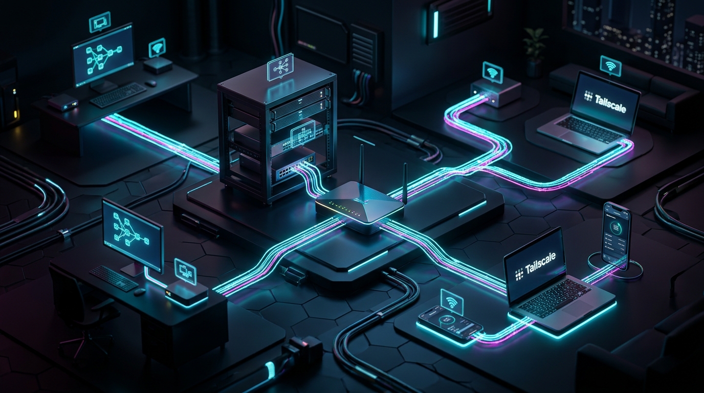 Diagrama conceitual 3D de rede homelab conectada via Tailscale e WireGuard